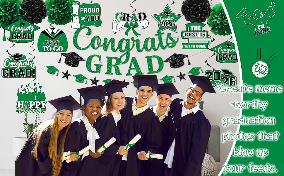 Green Graduation Decorations 2026, Graduation Decorations Class Of 2026 Green and Black Graduation Banner Graduation Congrats Grad Hanging Swirls for College Grad Party