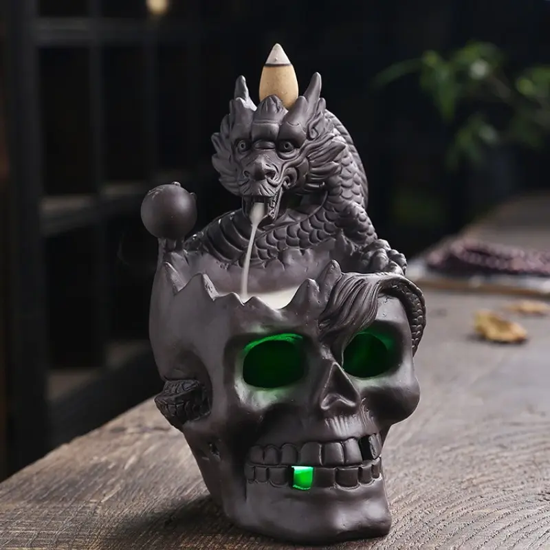 New Clay Reverse Flow Incense Burner, Skull Head Spooky Halloween European Home Gift Decor, Elegant Aromatherapy Diffuser