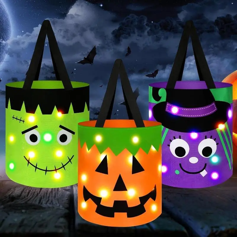 Halloween LED Spooky Trick-or-Treat Buckets - Lightweight Fabric Tote Basket, Glow-in-the-Dark Candy Pouch, Reusable Vampire-Themed Multipurpose Goody Bags for Halloween Party Supplies