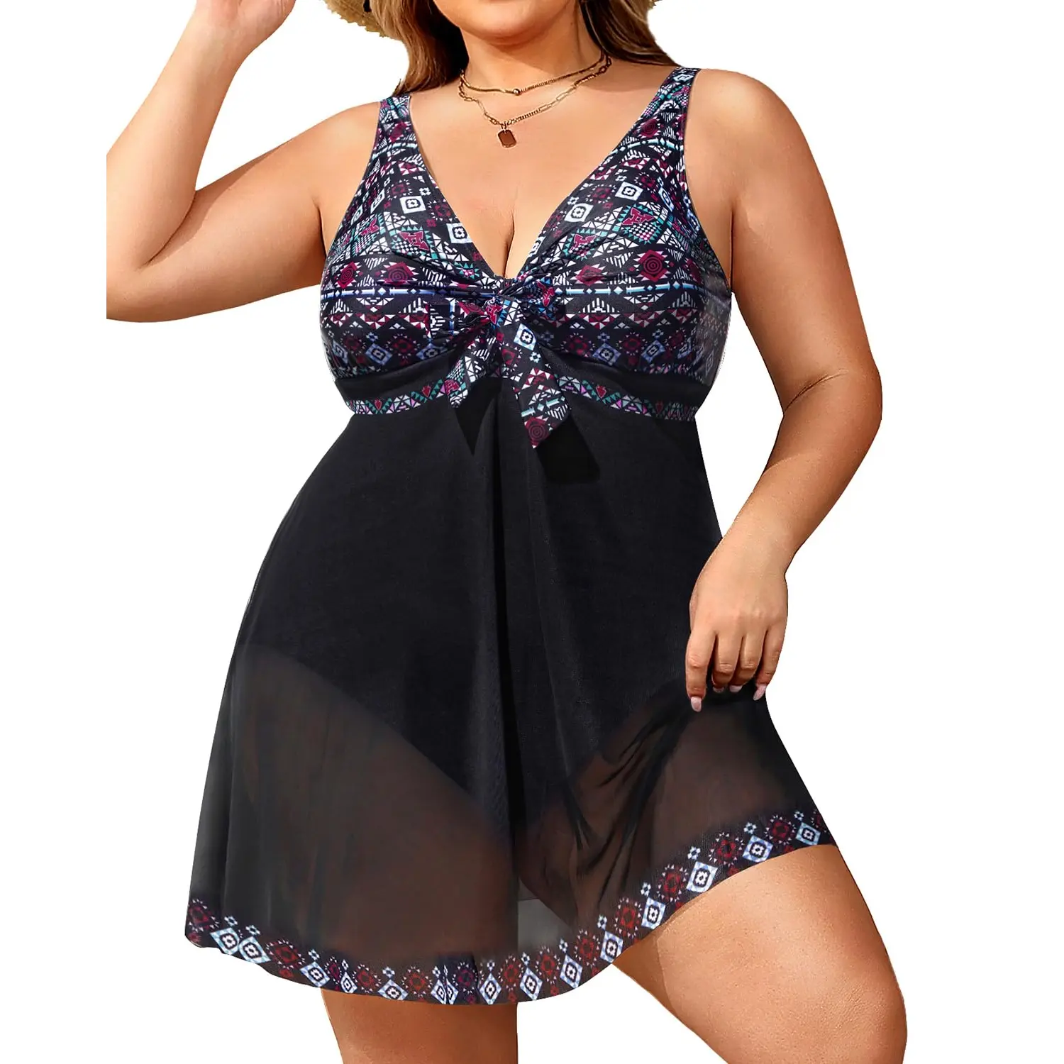Holipick Plus Size Bathing Suit for Women One Piece Swimsuit Tummy Control Mesh Swim Dress