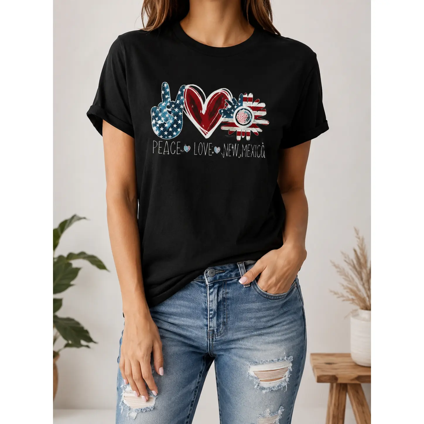 Women's V-Neck Tshirt with American Flag Print - Sporty Chic Unisex Top with Relaxed Fit, Soft Summer Women's Clothes, Fitted