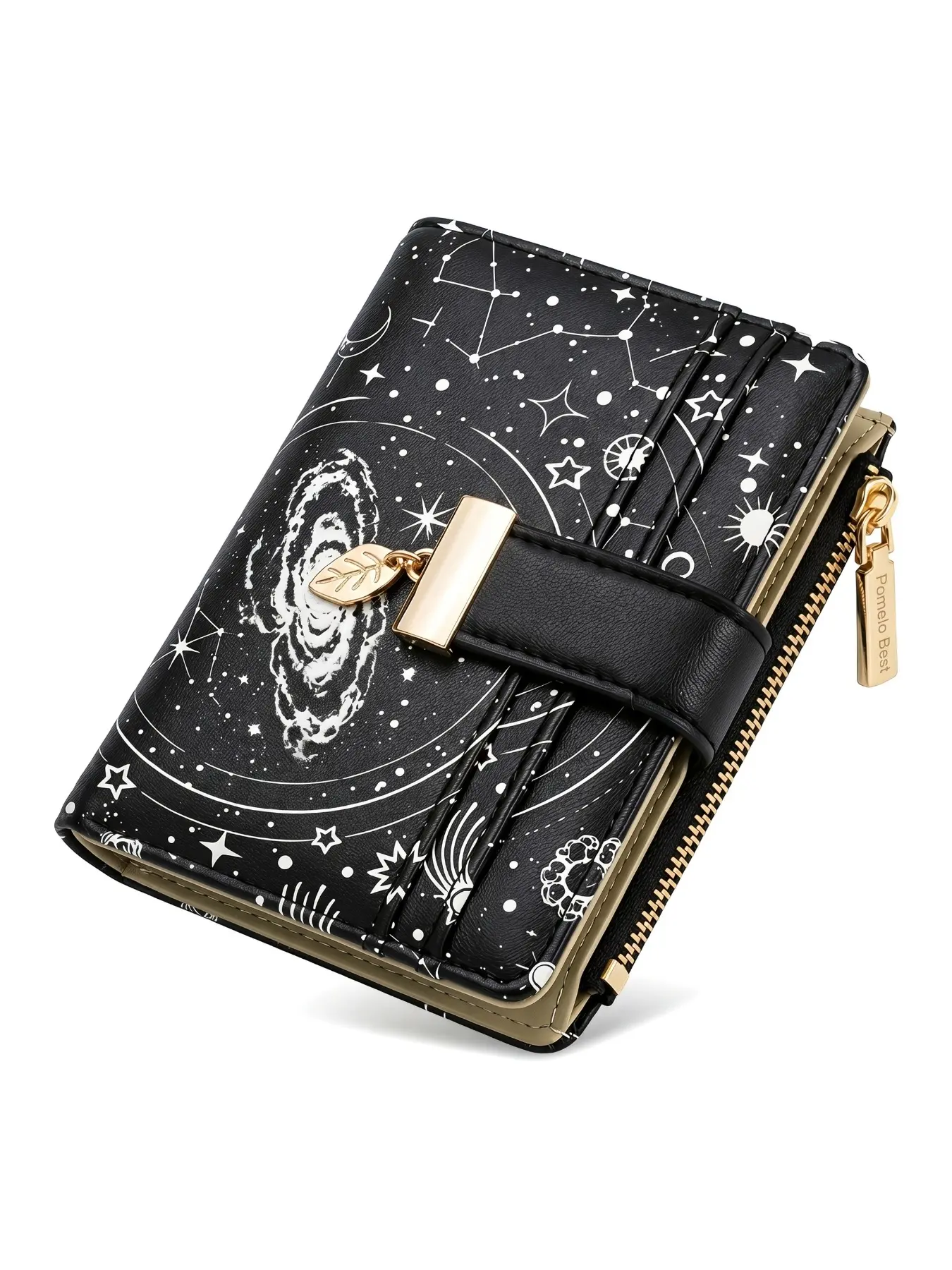 Pomelo Best Women Short PU Wallet Galaxy Star Print RFID Blocking 7 Card Slots ID Photo Window Leaf Metal Buckle Small Purse