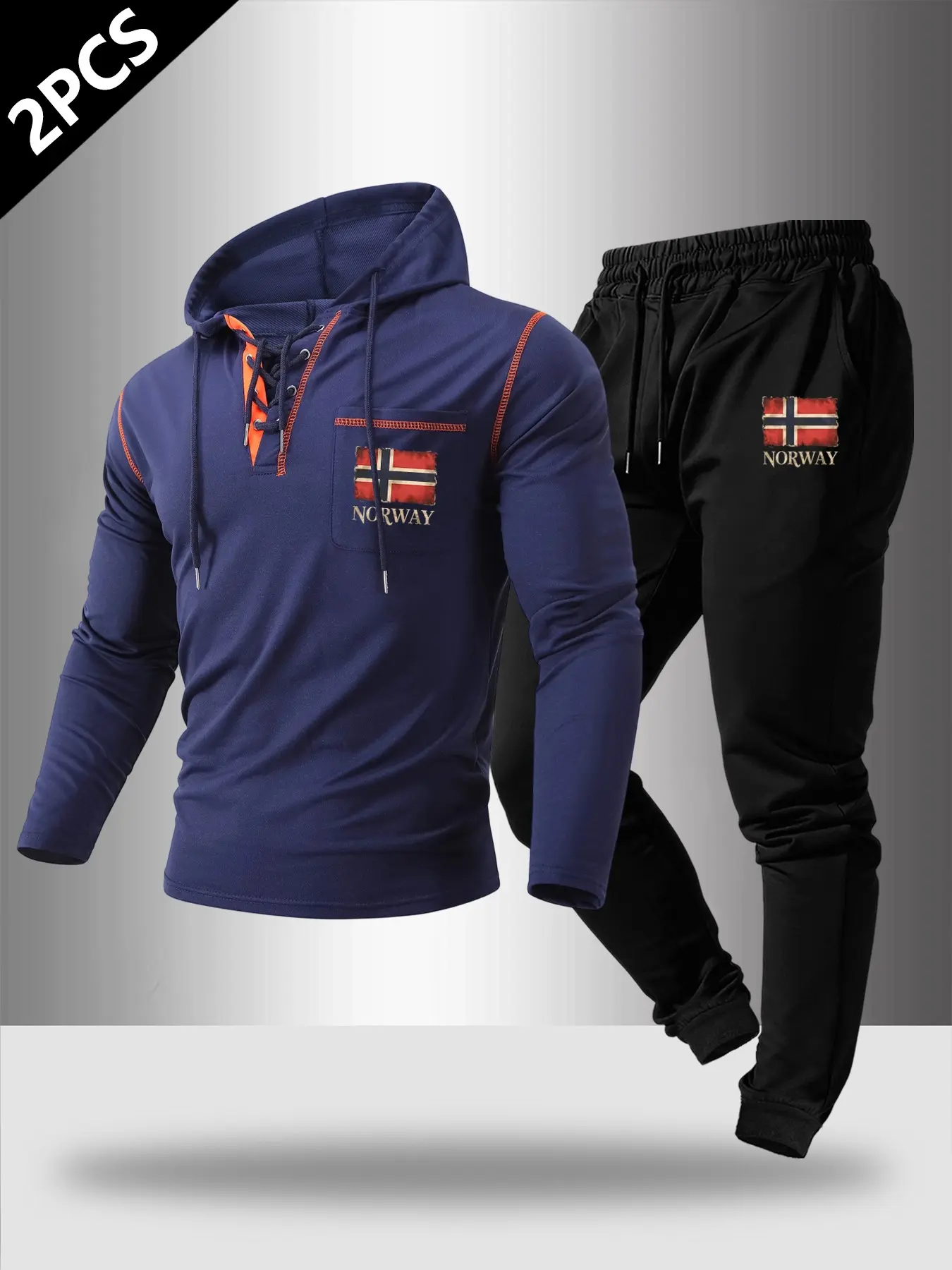 Men's Norway Flag Print Hooded Two-Piece Set, Casual Long Sleeve Top & Joggers, Comfortable Outdoor Street Style, Daily Wear & Commute