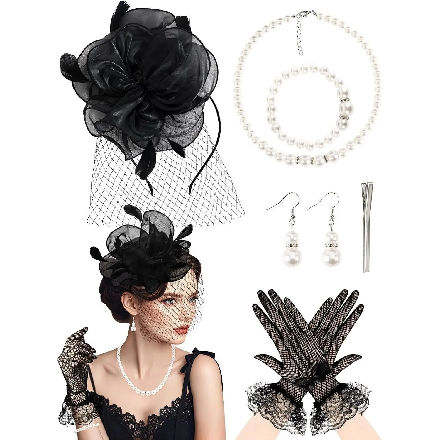5Pcs Women's Fascinator Hat and Lace Gloves Set with Feather Veil Mesh Headband & Pearl Jewelry for 1920s Tea Party Derby Wedding, Elegant Vintage StylingGift