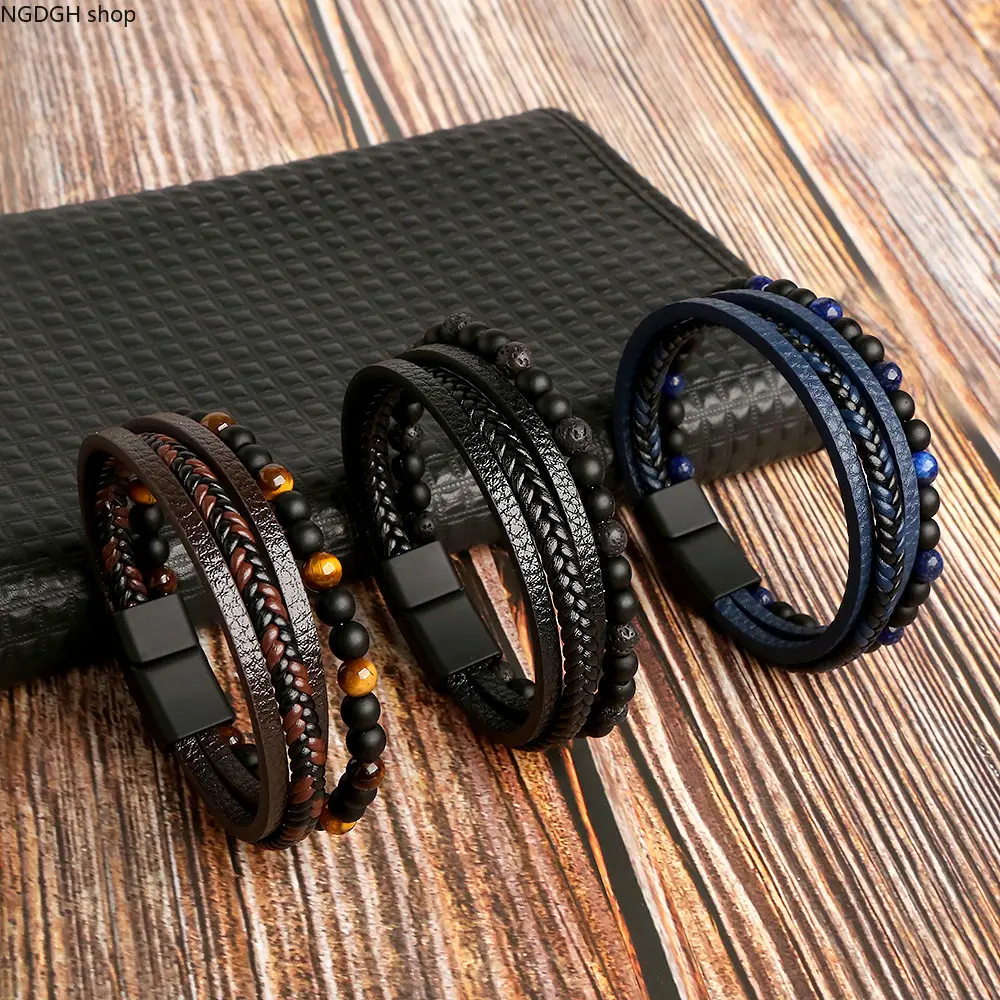 Men's Multi-Layer Leather Wrap Bangle, Vintage Black Braided Wristband with Natural Lava Rock Bead Charms, Punk Edge Stainless Steel Magnetic Clasp, Male Wear Casual Daily Layered Look Sports & Outdoor Jewelry Gift