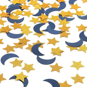 Navy-Blue Moon Gold Star Confetti - 300pcs Glitter Twinkle Little Star Table Confetti Eid Ramadan Mubarak Decoration Birthday Wedding Shower Party Decor Lasting Surprise