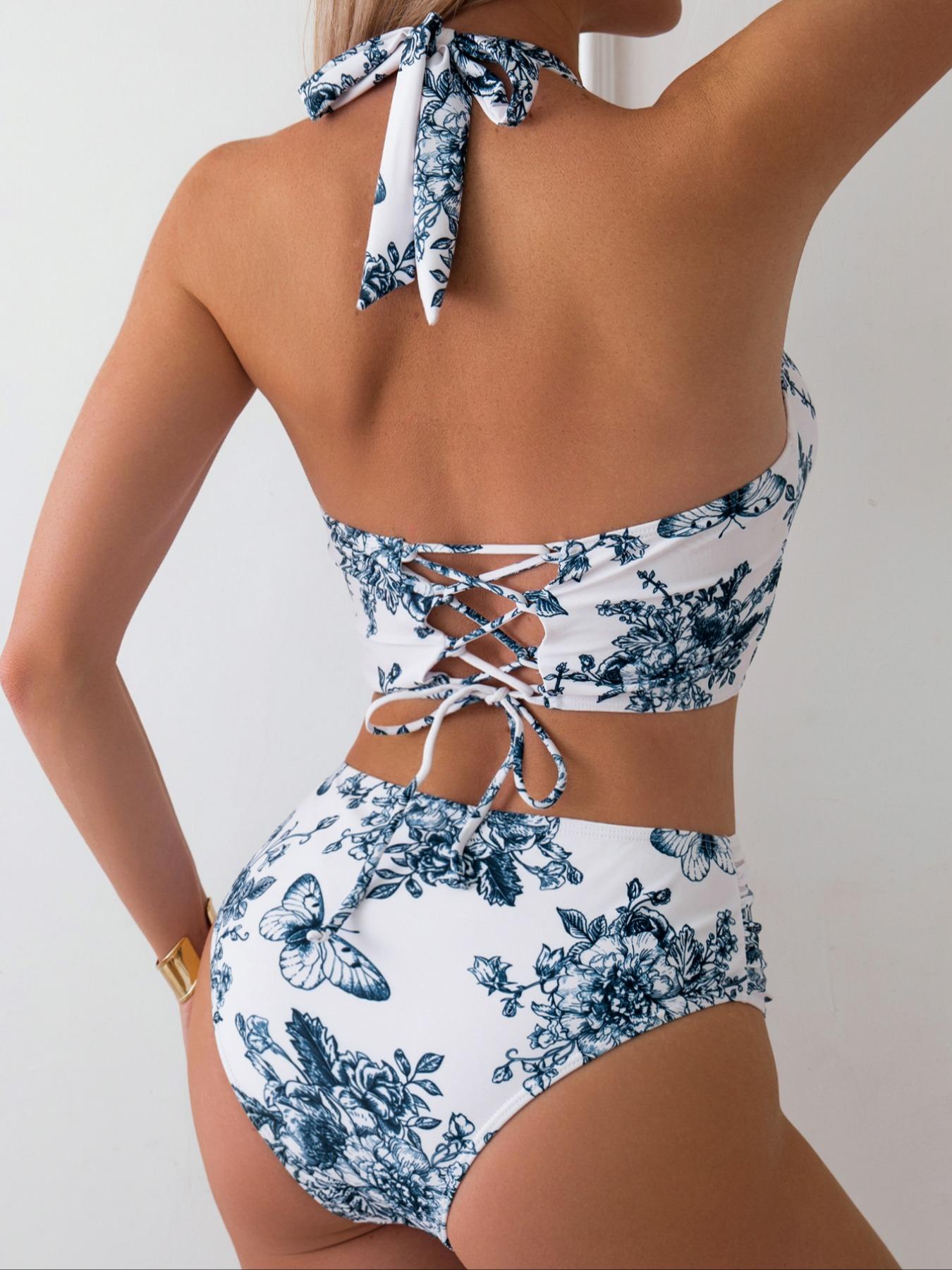 Two-piece Set Women's Butterfly & Floral Print Lace Up Bikinis Set, Casual Halter Neck Backless Swim Top & High Waist Swim Panty, Ladies Summer Swimwear for Beach, Swimsuits Women, Swimsuit Style, High Waisted Swimsuit, Bikini Sets