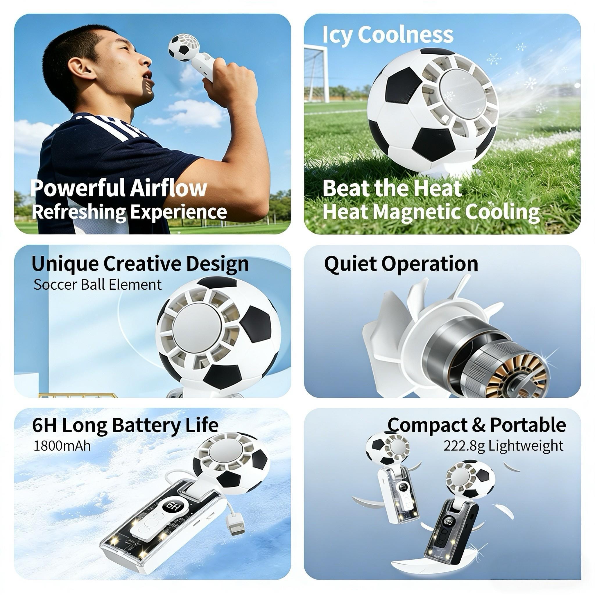 World Cup Compact Portable Handheld Cooler Fan Featuring Soccer Pattern Design & Adjustable Neck Strap, Integrated LED Light, 3600mAh Rechargeable Battery, Ideal for World Cup, Travel, Outdoor Sports, Office and Holiday Gifting