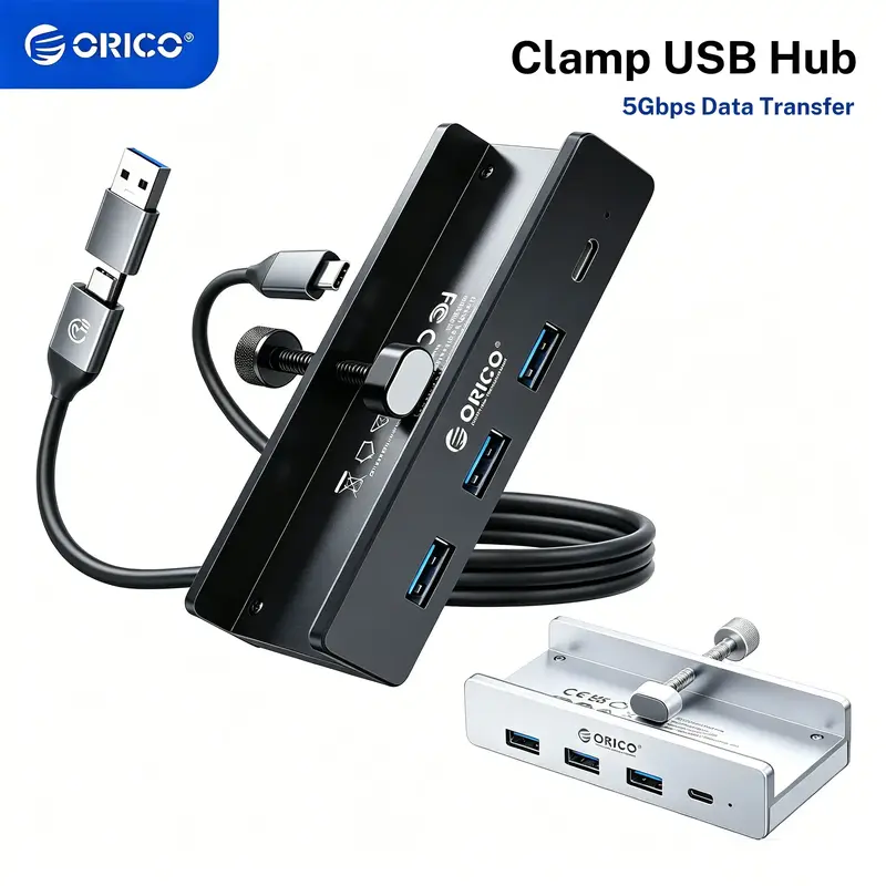 ORICO USB 3.0 Hub, Clamp USB Hub, Aluminum 4 Port USB Splitter with Extra Power Supply Port and 4.92 FT USB Data Cable, Desktop Powered USB Hub with 3 USB A Data Ports, USB C Port for Monitors/Desks MH4PC