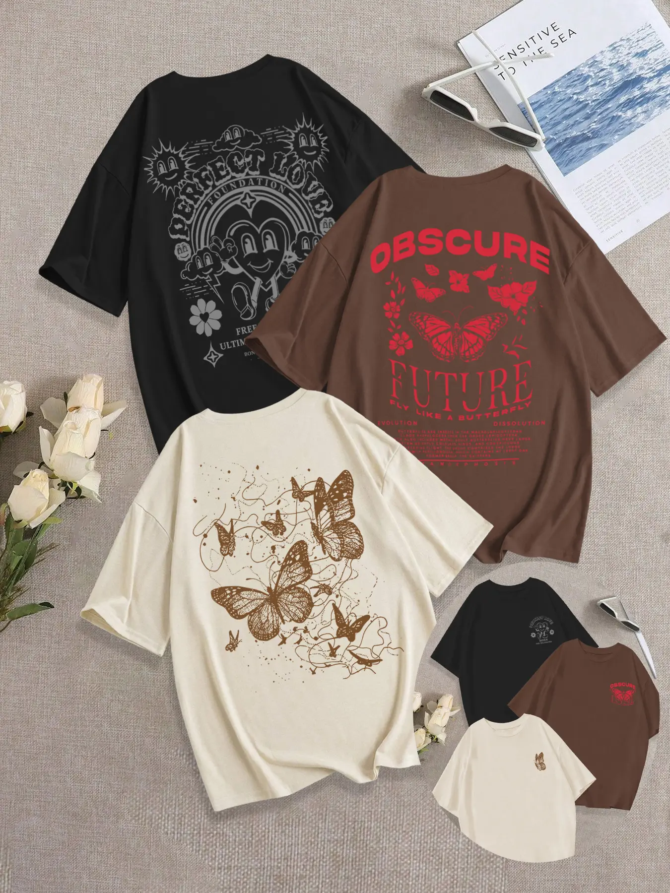 Breathable Casual Loose-Fit Round Neck Butterfly Print T-Shirt Set, Summer Fashion Comfortable Women's Clothing, Pack of 3