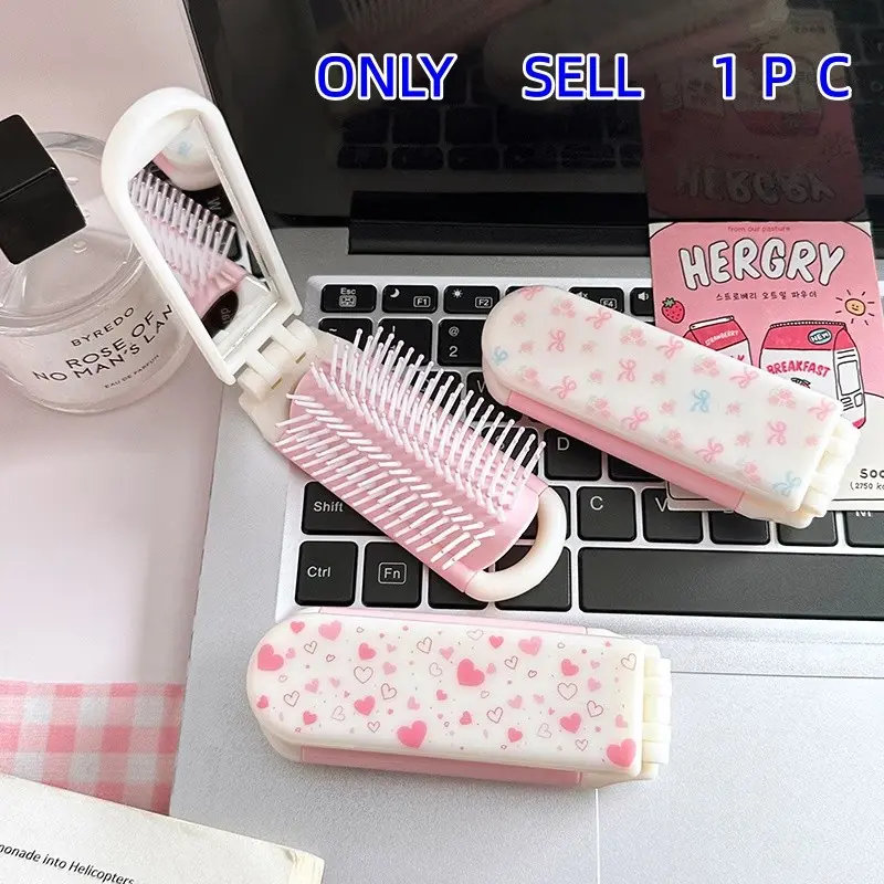 Bow Heart Floral Shape Comb Mirror, Foldable Hairbrush, Anti-Static Massage Brush, Travel Makeup Mirror, Wedding Gift, Party Gift, Comb Design