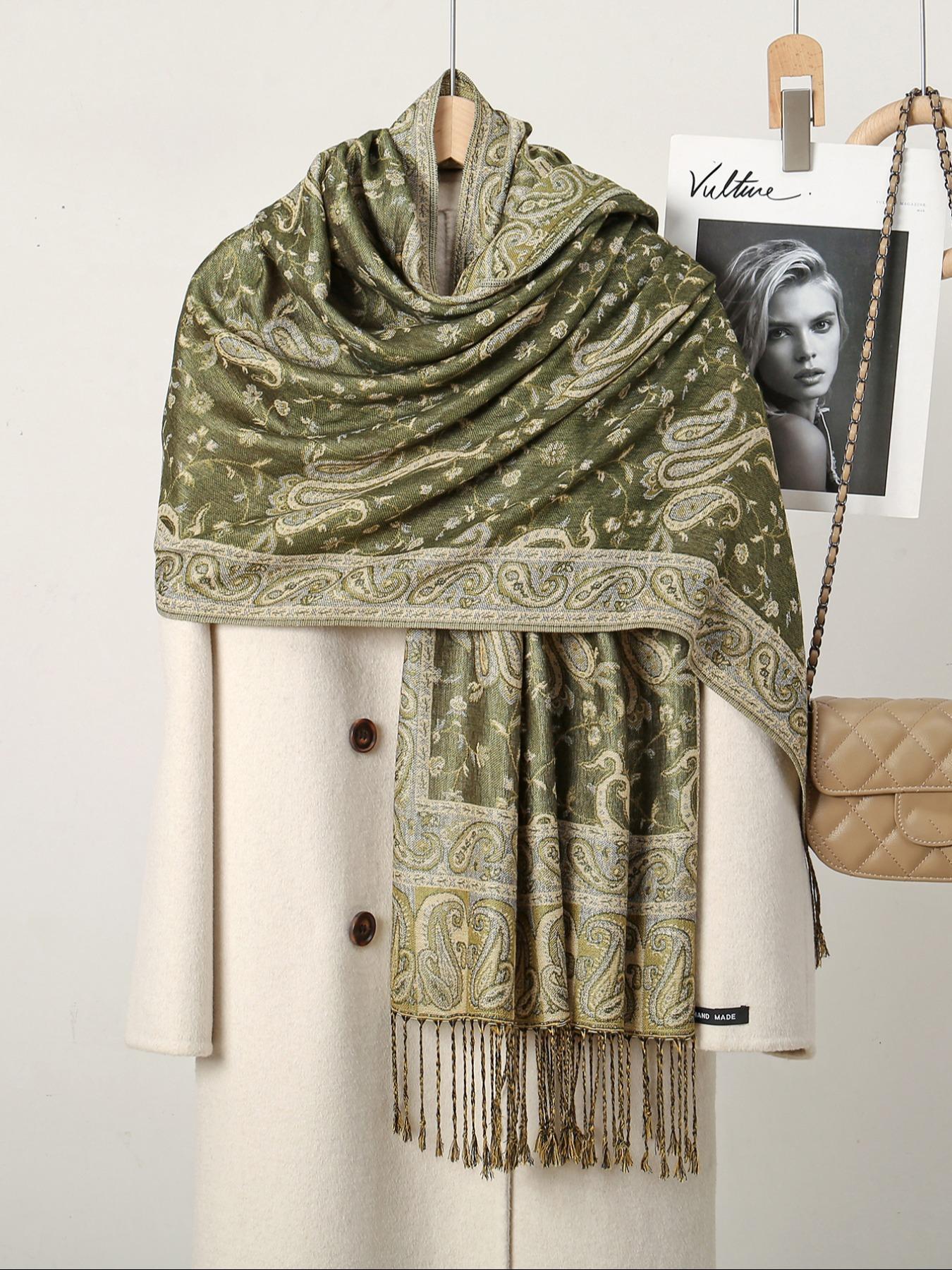 Women's Luxury Paisley Embroidered Shawl Scarf, Boho Style Shawl, Boho Jersey Hijab with Long Fringe, All Seasons Elegant Comfort Wrap