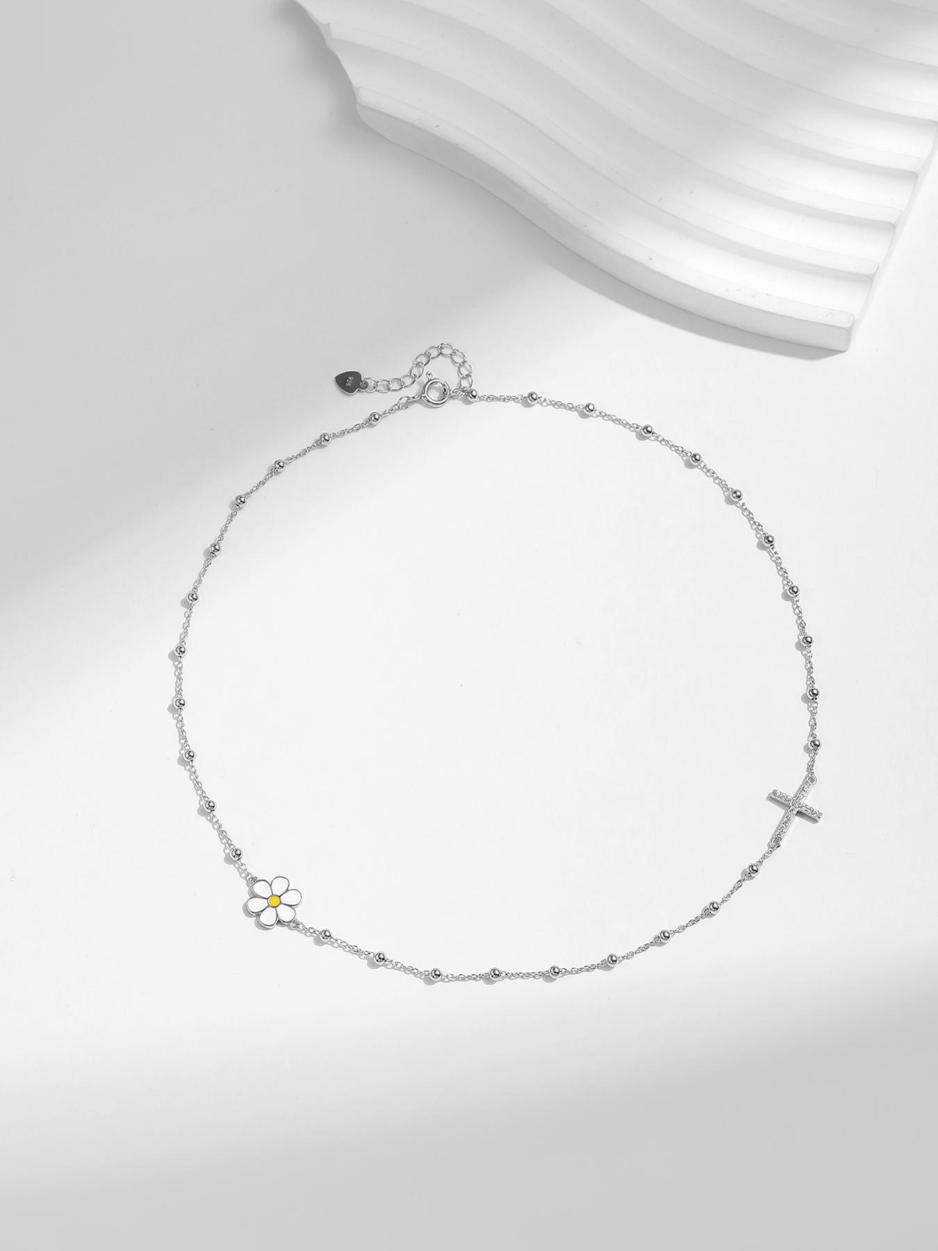 925 Sterling Silver Daisy & Cross & Beads Decor Necklace, Rhinestone Decor Fashion Jewelry for Party, Daily Clothing Decor, Trendy All-match & Exquisite Jewelry for Birthday Gift