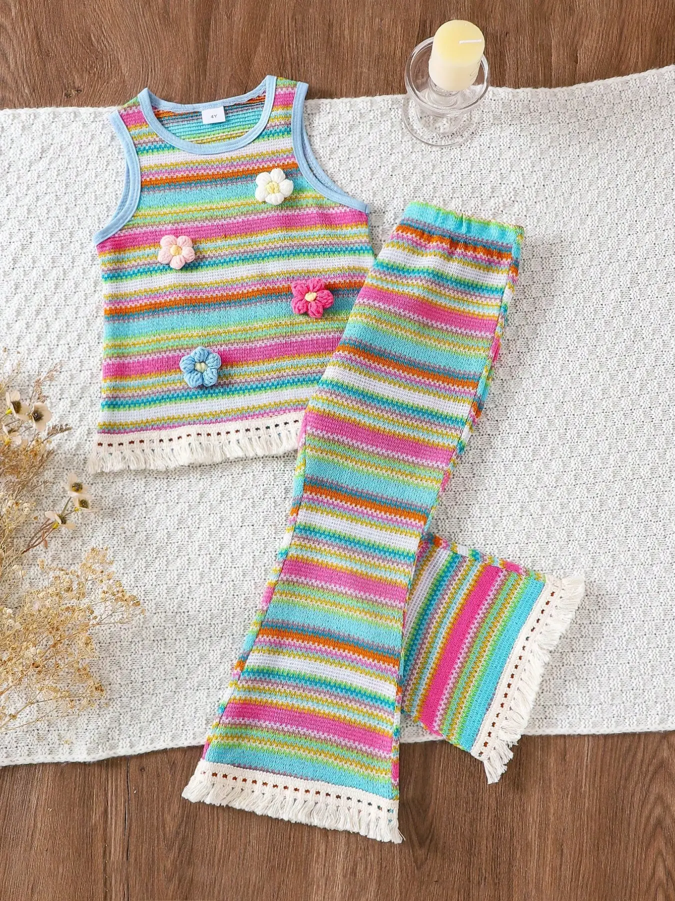 Boho Style Girls' Two-Piece Summer Set, Sleeveless Ruffle Top with Matching Pants, Rainbow Striped Fringe Design, Casual Wear, Flora Set, Summer Outfits Set