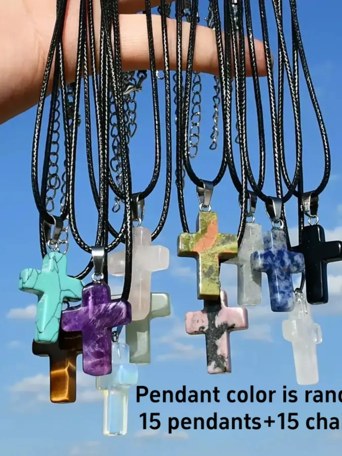 15 Piece Set Crystal Glitter Cross Design Pendant Necklace with Chain, Shiny Durable Jewelry Making Kit, DIY Accessories for All Seasons, Pendants Necklace Chains, Necklaces Set