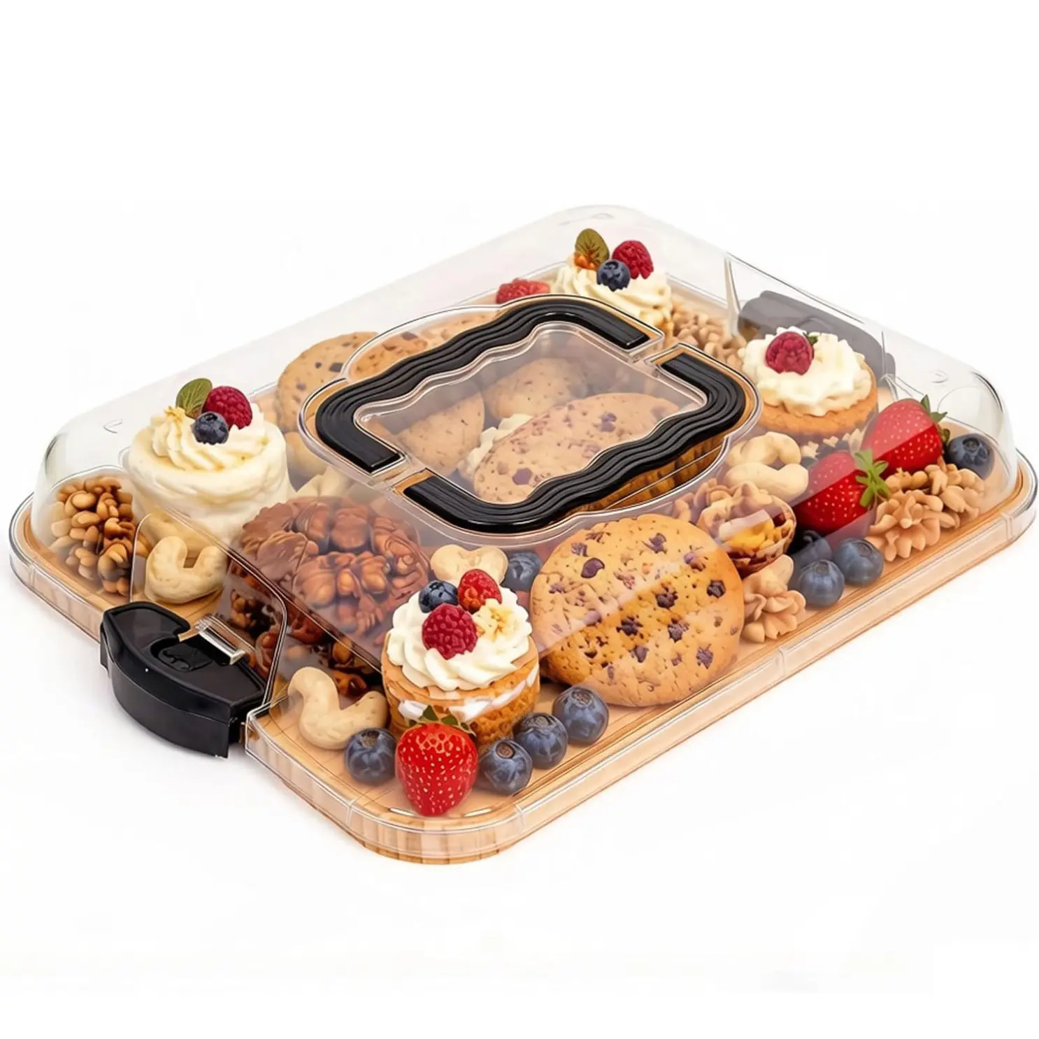 Covered Charcuterie Platter, Portable Snack Tray with Handle, Features a Clear Lid and Dual-Purpose Cutting Board,Serving Tray. 6-Compartment Design for Snacks, Meats, and Fruit. Ideal for Travel, Picnics, and Parties. Perfect Housewarming Gift.