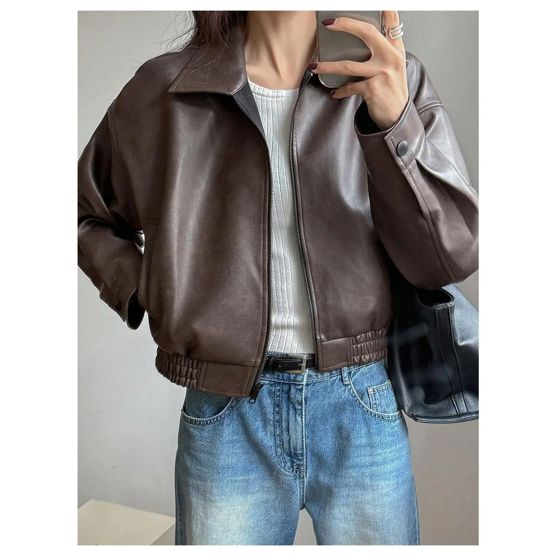 Y2K Faux Leather Jacket Zip Up Crop Bomber Jacket Going Out Motor Bike Motorcycle Coat Streetwear with Pocket