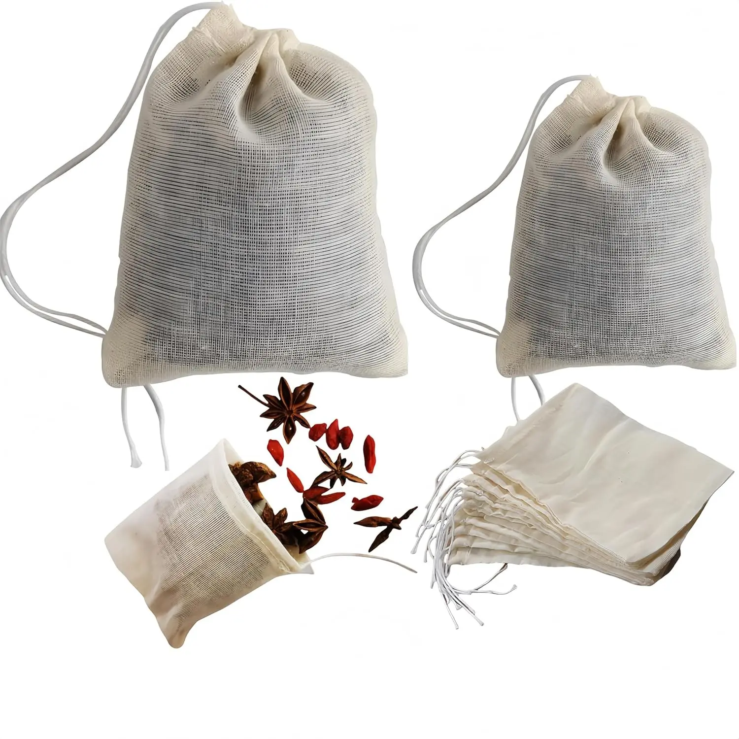 50 PCS Natural Unbleached Cotton Muslin Bags with Drawstring,Reusable Tea Bags,Spice Bags for Cooking Soup/Herb/Loose Leaf Tea,Cotton Small Cheese Cloth Bag for Straining,Sachet Bags (3x4"+4x6")