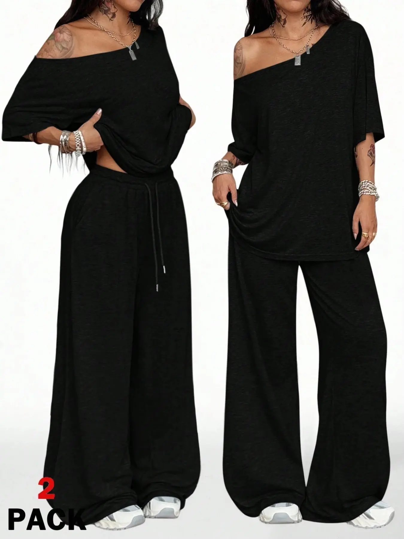 Women's Black Off Shoulder Loose Short Sleeve & Drawstring Wide Leg Pants 2 Piece Outfit, Soft Knit Casual Streetwear Matching Set