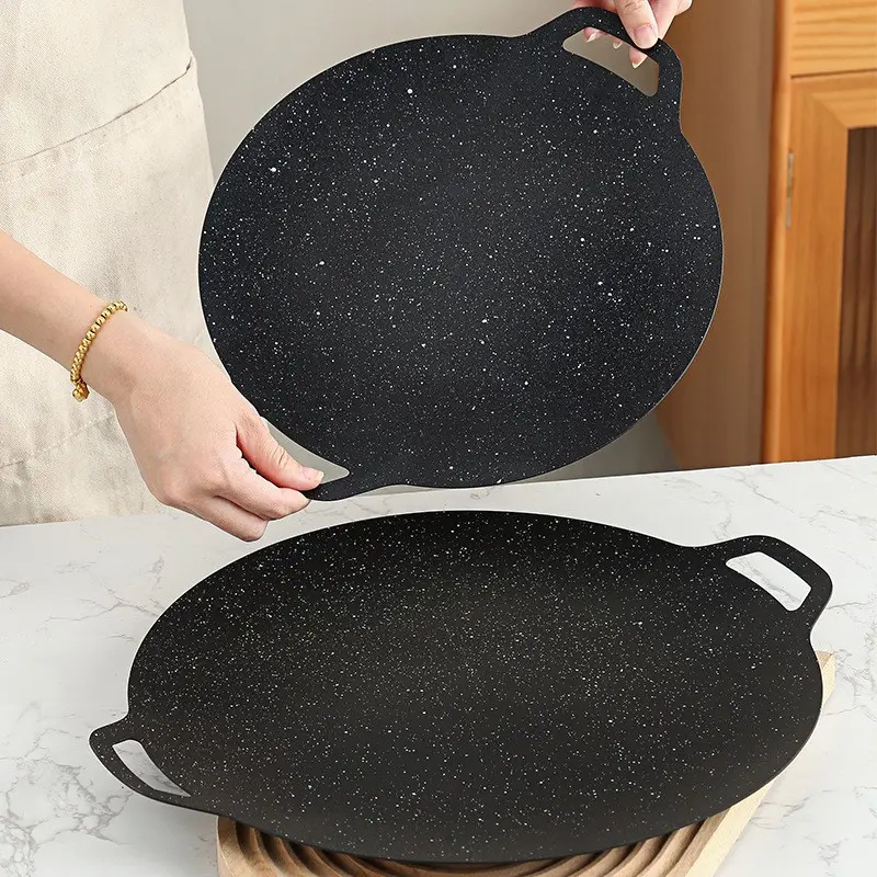 Double Ear Basalt Round Grill Pan, Non-Stick Flat Iron Griddle, Home BBQ Pancake Cooker, Outdoor Camping Charcoal Gas Stove Compatible, Cookware Nonstick