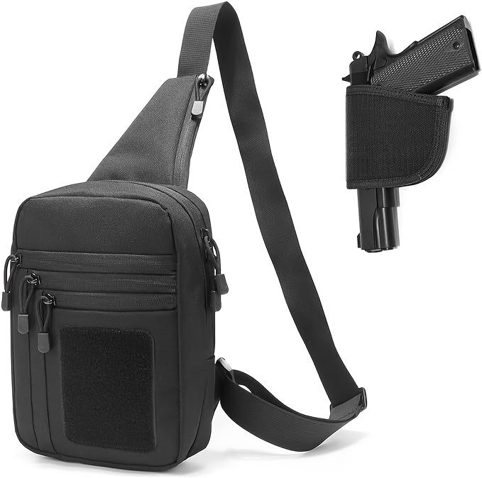 Men's Black Concealed Carry Holster Sling Bag, Small Pistol Backpack Chest Backpack, Travel, Sports, Walking Crossbody Shoulder Bag-Nylon Strap Zipper Closure