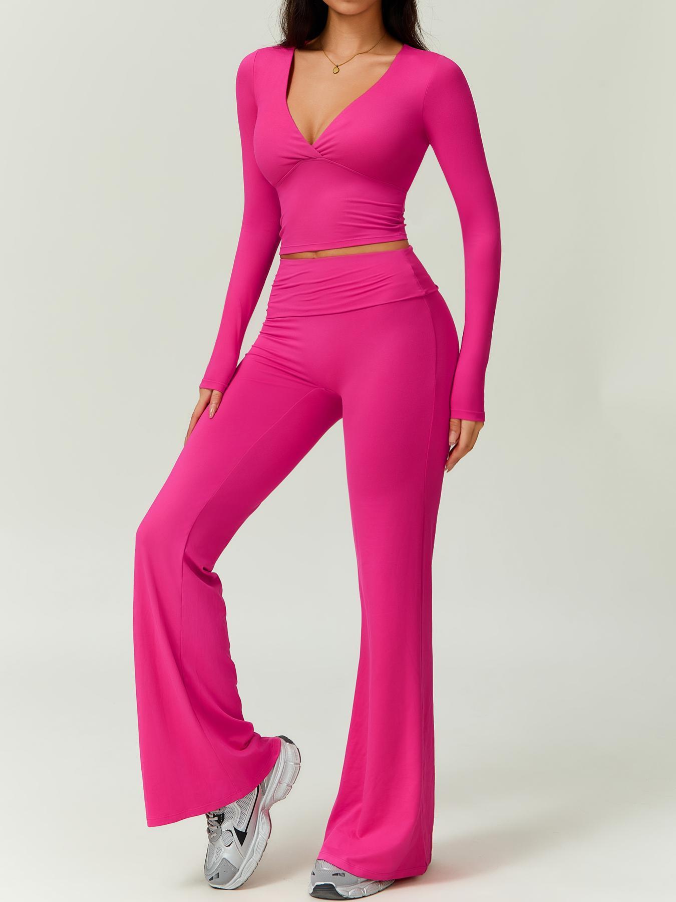 Women's Patchwork High Elastic Deep V-Shaped Collar Detachable Chest Pad Long Sleeve Oblique Waist Slim Fit Flared Pants Yoga Clothes suit Sweatsuit Set Outdoor Running Cycling Walking Gym Sports Training Workout Set Athleisure Wear Set