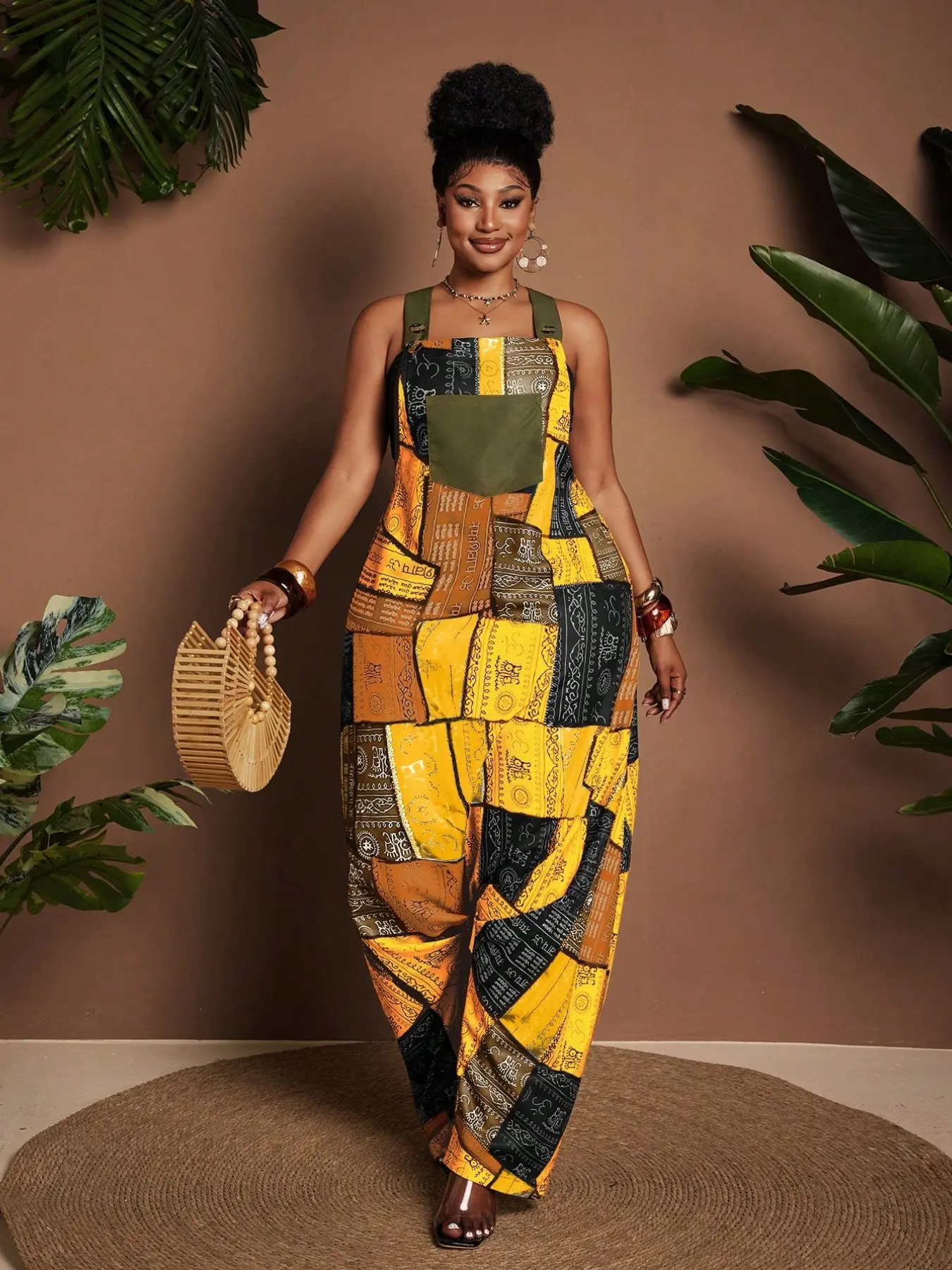 Plus Size Patchwork Print Sleeveless Loose Harem Pocket Jumpsuit, Comfortable and Stylish Design, Perfect for Casual Wear