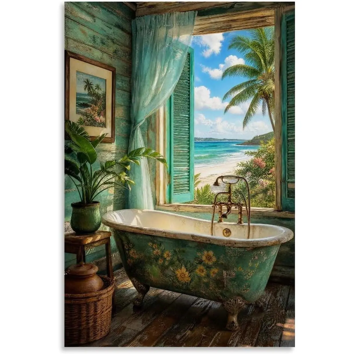 Vintage Clawfoot Tub Tropical Beach Ocean View Canvas Wall Art Poster Coastal Tropical Landscape Print Relax Decor Bathroom Living Room Bedroom