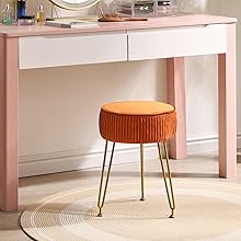 Velvet Round Footrest Stool Ottoman, Makeup Vanity Stool Side Table, Velvet Dressing Table Seat, Pouf Couch Stool, Golden Steel Legs, Orange Velvet Round Footrest Stool Ottoman, Makeup Vanity Stool Side Table, Velvet Dressing Table Seat, Pouf Couch Stool, Golden Steel Legs, Orange