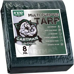 Finished Size 8x10 Feet Waterproof Green Tarp 8 Mil Thick, Multipurpose Protective Cover for Emergency Rain Shelter Camping Tarpaulin