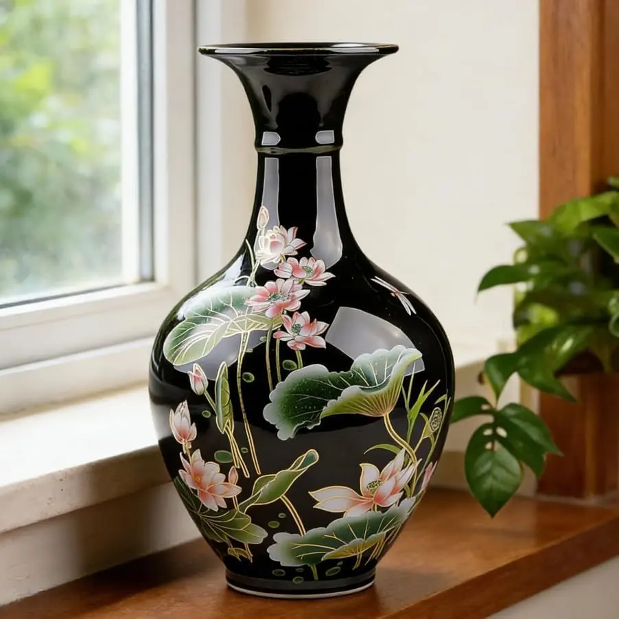 9.45'' China Style Decorative Vase, Classic Ceramic Vases for Art Home Decoration, Chinese Retro Porcelain Ceramic Vase with Base, Jingdezhen Ceramic Oriental Vase - Black