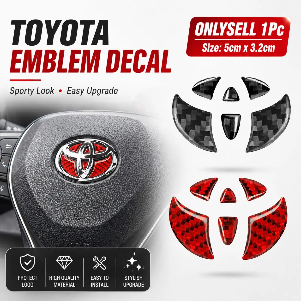 1Pc 3D Carbon Fiber Texture Car Badge Logo Steering Wheel Center Logo Decorative Sticker Car Decals, Car Decorations Interior, Car Accessories for Toyota Corolla C-HR Rav4 86 Yaris Hilux Prius Camry