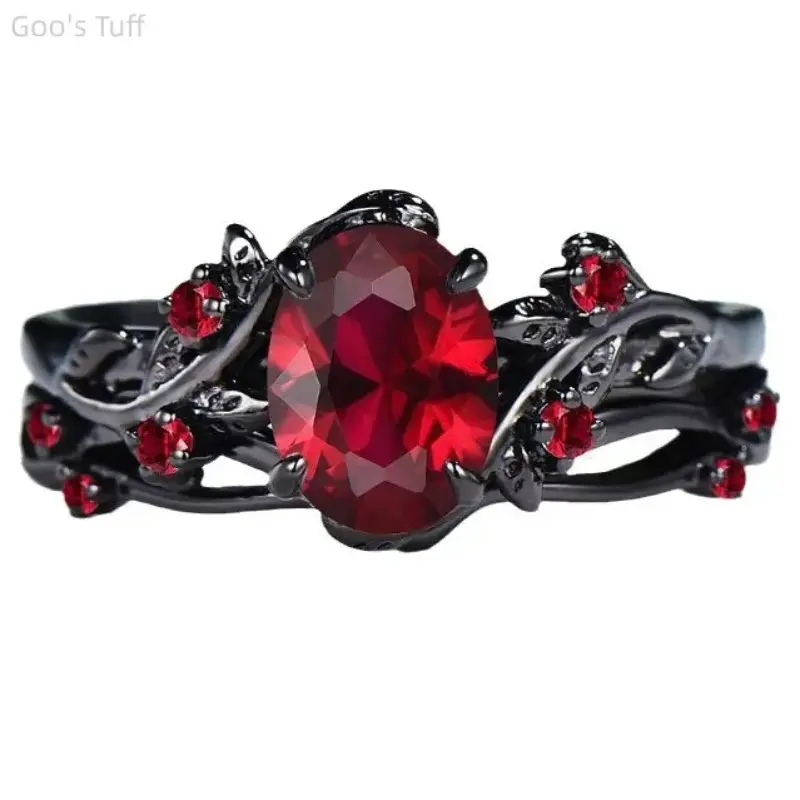 Viral TikTok Vintage European-American Couple Matching Band Ring Set - Gunmetal Cross Motif Rose Branch with Inlaid Rubies, Retro Polished Unique Design, Dating Valentine Street Gift Jewelry (Matching Sets, Gunmetal PVC Accents Included)