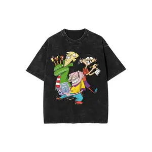 Vintage Distressed Washed T-Shirt Men Ed Edd N Eddy Three Main Cartoon Characters Money Jar Chicken Classic 90s Cartoon Bright Color Graphic Oversized Crew Neck Tee For Nostalgic Cartoon Fans Daily Street Outfits