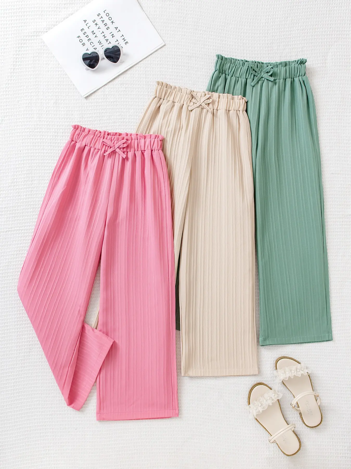 Girls 3-Pack Ribbed Paperbag Waist Wide Leg Pants Set, Elastic Waist Bow Tie Casual Trousers with Pink/Khaki/Green Stripes for Toddler Kids Summer & Fall & Daily Wear