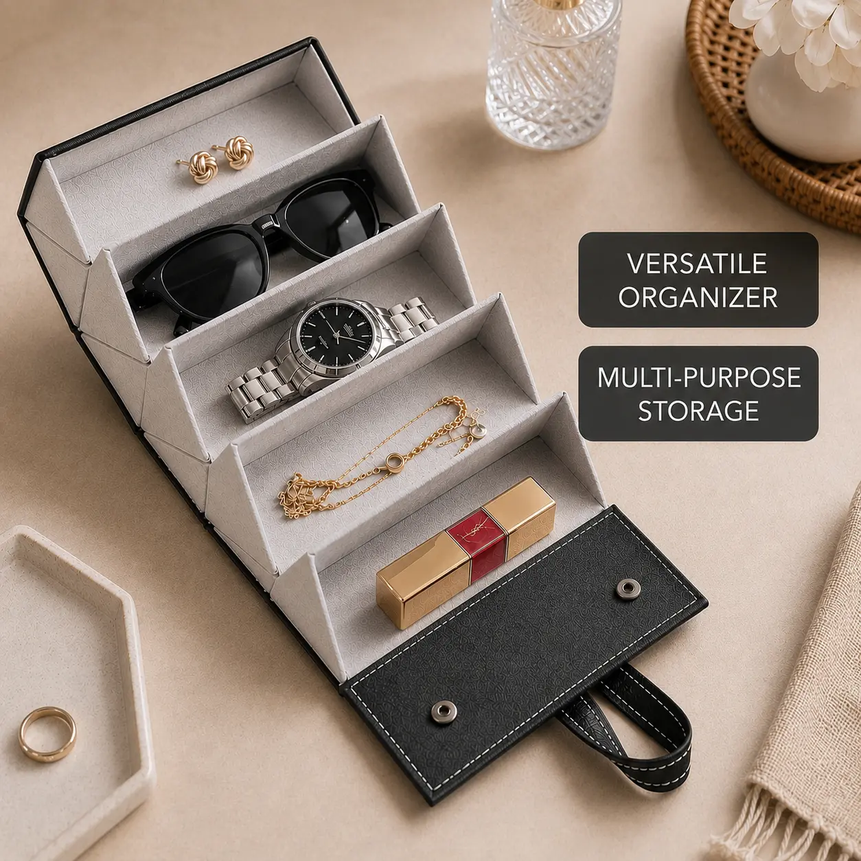Foldable Travel Jewelry Organizer Storage Box - Multi-Layer PU Leather Vanity Case with Soft Lining, Carry Handle for Glasses, Watches, Necklaces, Rings (Metal-Accent Home Organizer Bin), Boxes