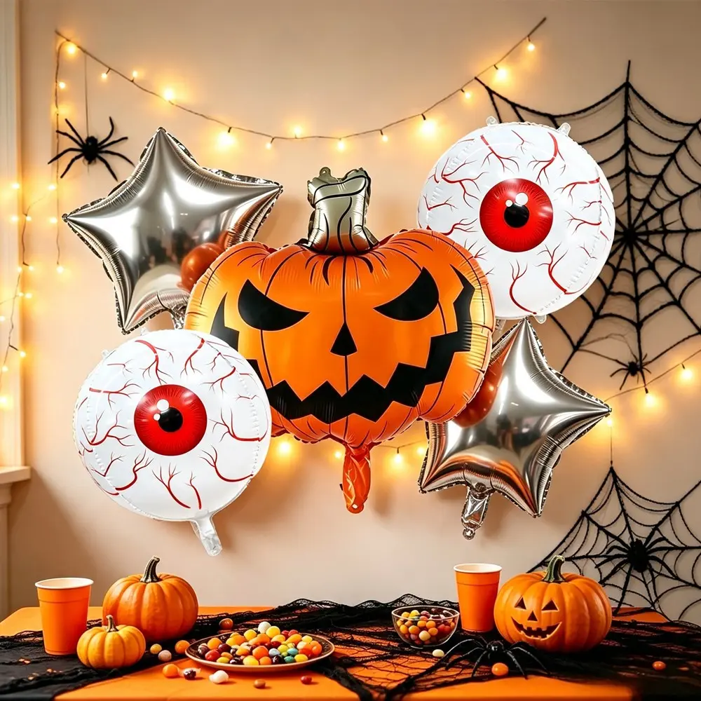 Halloween Pumpkin Aluminum Foil Balloon, 4D Inflated Eye Ball Balloon, Silver Color Star Party Decor, Halloween Horror Atmosphere Balloon