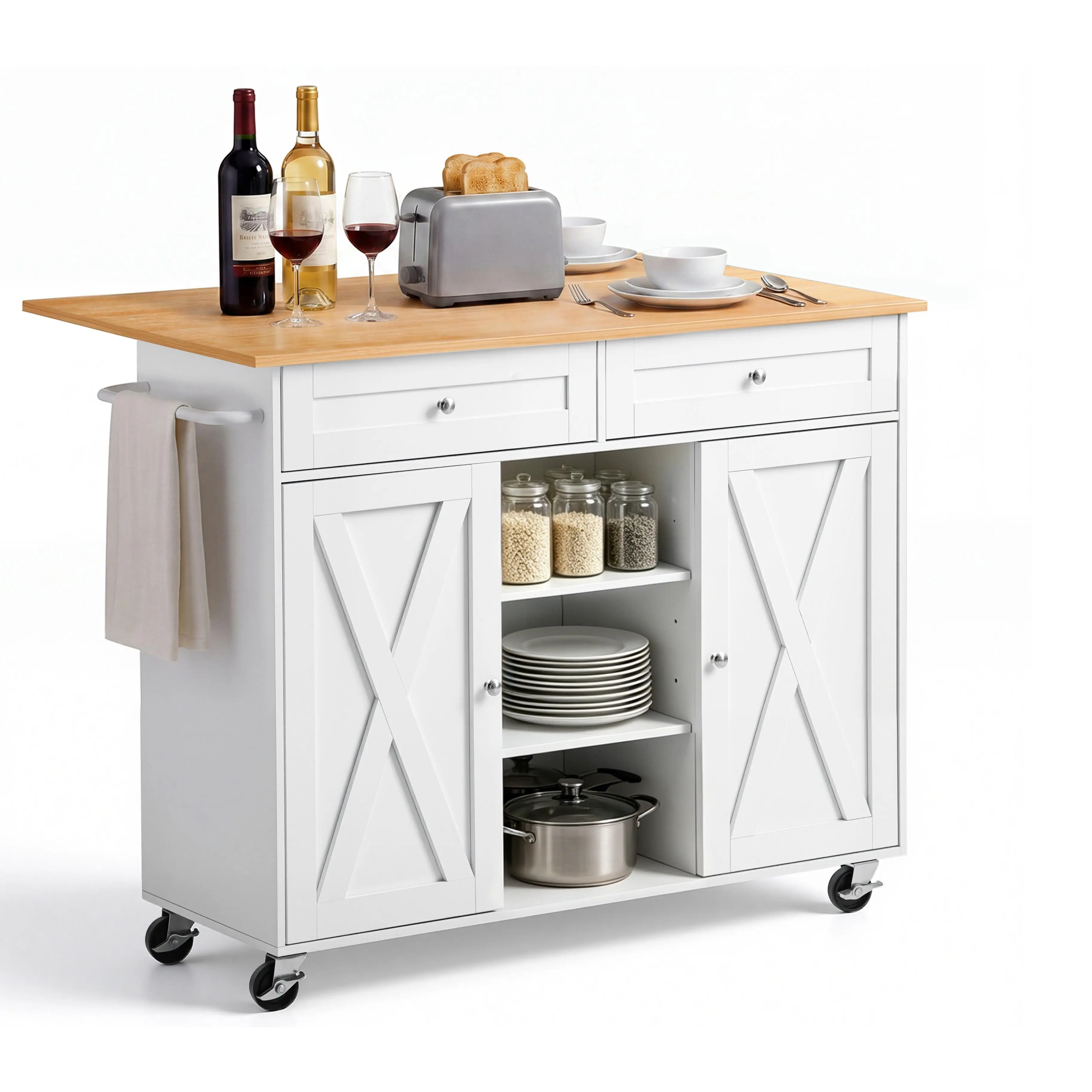 【DealsForYouDays】VEVOR Kitchen Island Cart with Storage, 45.67 in Wide Mobile Rolling Storage Island on Swivel Wheels, with 2 Drawers, Storage Cabinet, Drop Leaf, Towel Rack, Table for Home Dining Room, White
