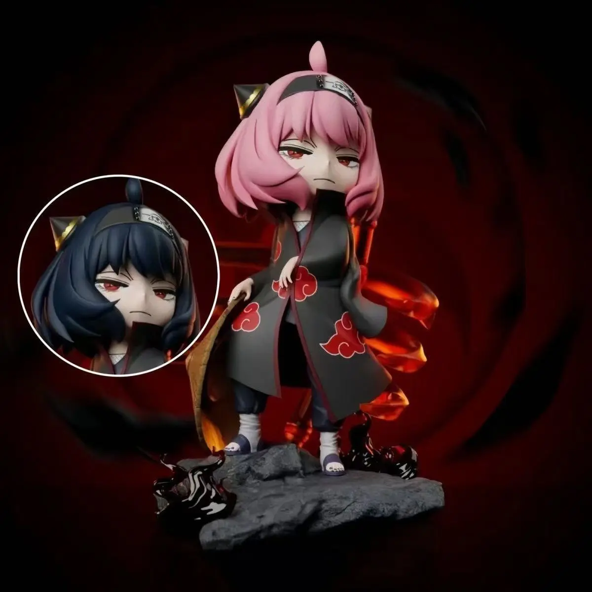 Spy X Family Anya Cos Uchiha Sasuke Akatsuki Q Version Figure 18cm, Dual Head Replacement, Cloud Coat, Anime Desktop Box Gift Set