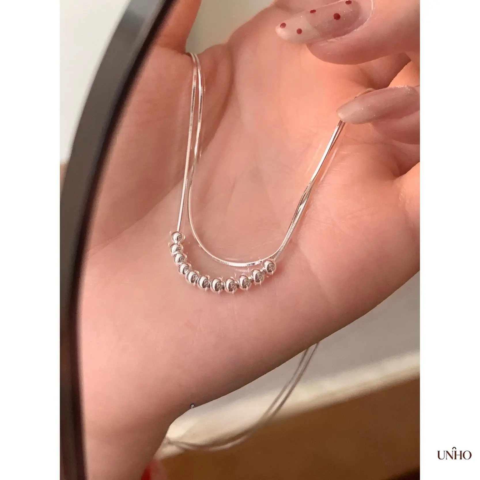 French Chic Minimalist Double‑Layer Silver Bead Choker Necklace For Women, Unique Lightweight Luxury Stacked Jewelry, Versatile Daily Layering Accessory