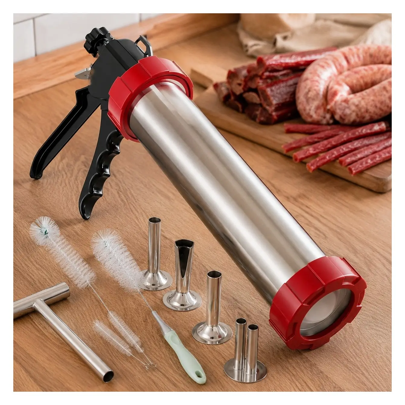 2.3LB Beef Jerky Gun Kit, Upgraded 316 Stainless Steel Jerky Maker, Sausage Stuffer, Jerky Cannon, Meat Gun with 5 Nozzles, 1 Meat Pusher & 5 Cleaning BrushesGift