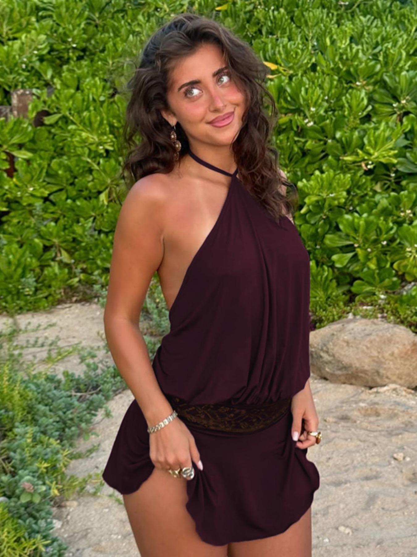 Women's Solid Color Lace Stitching Halter Neck Lace Up Sleeveless Backless Bodycon Slip Dress Plain Cut Out See Through Ruffles Hem Party Club Dating Holiday Beach Vacation Music Festival Ladies Dresses Clothing Wear Halter Strap Dress