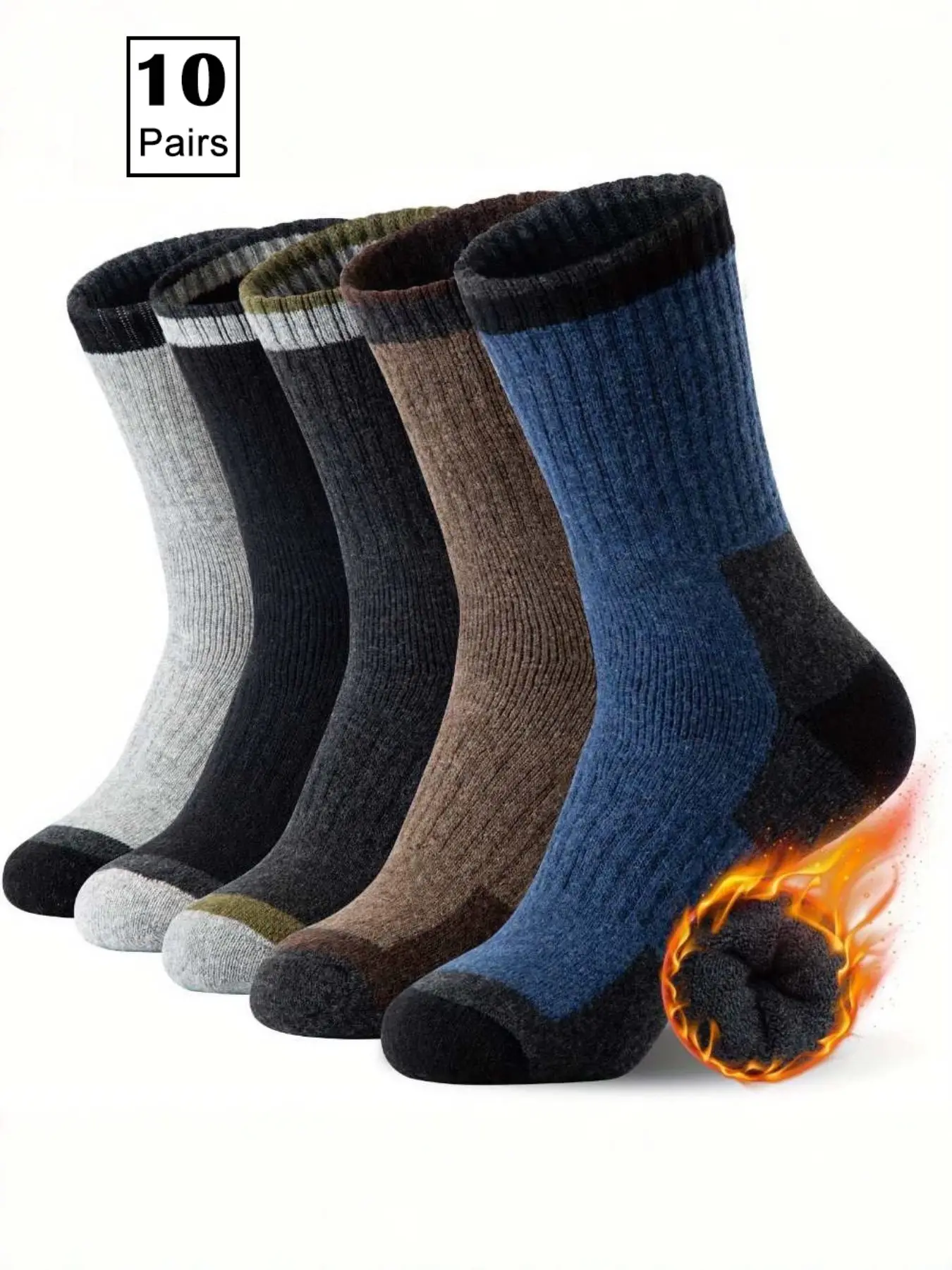 10 Pairs Men's Merino Wool Hiking Socks, Thick Warm Winter Mid-Calf Socks, Ideal for Cold Weather, Comfortable and Durable