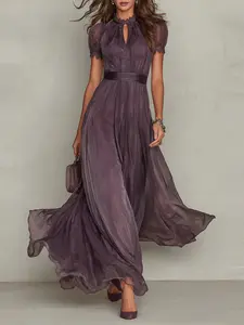 2026 Spring Summer New V Neck Waist Cinch Ruffle Casual Elegant Chic A-Line Dress, Comfortable Soft Fabric, Long Beach Party Dress