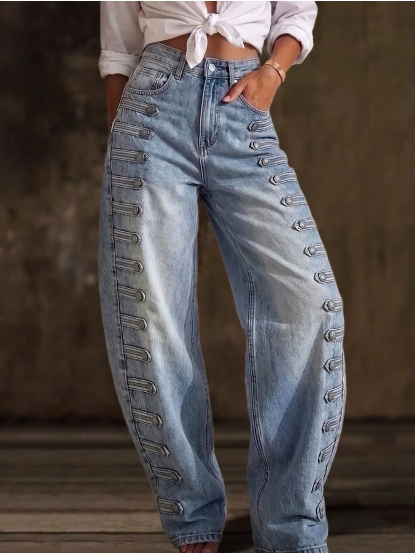 Women's High-Waisted Wide-Leg Jeans with Multiple Side Strap-and-Buckle Details, Casual Denim Streetwear for Weekend Outings and Parties