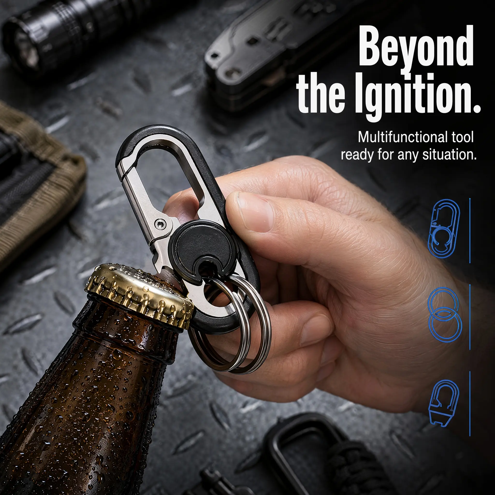 All Black 6.5x2.5cm 3-Piece Zinc Alloy-Stainless Steel Multi-Function Carabiner Keychain - Rubber Trim, Snap Hook, Double Ring, Bottle Opener - Home Organizer Key Holder for Friends, Dads, Daily Use