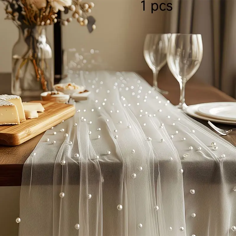Pearl Beaded Sheer Fabric, Ideal for Table Runner, Ceremony Backdrop, Home Decor, Room Decoration, Birthday Party, Valentine's Day Setup