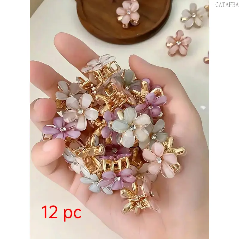 Unisex 12-Pcs Sweet Mini Resin Flower Hair Clips, 2cm Alloy Camellia Design, Casual Colorblock Style, All Seasons Sports & Outdoor Hair Accessories
