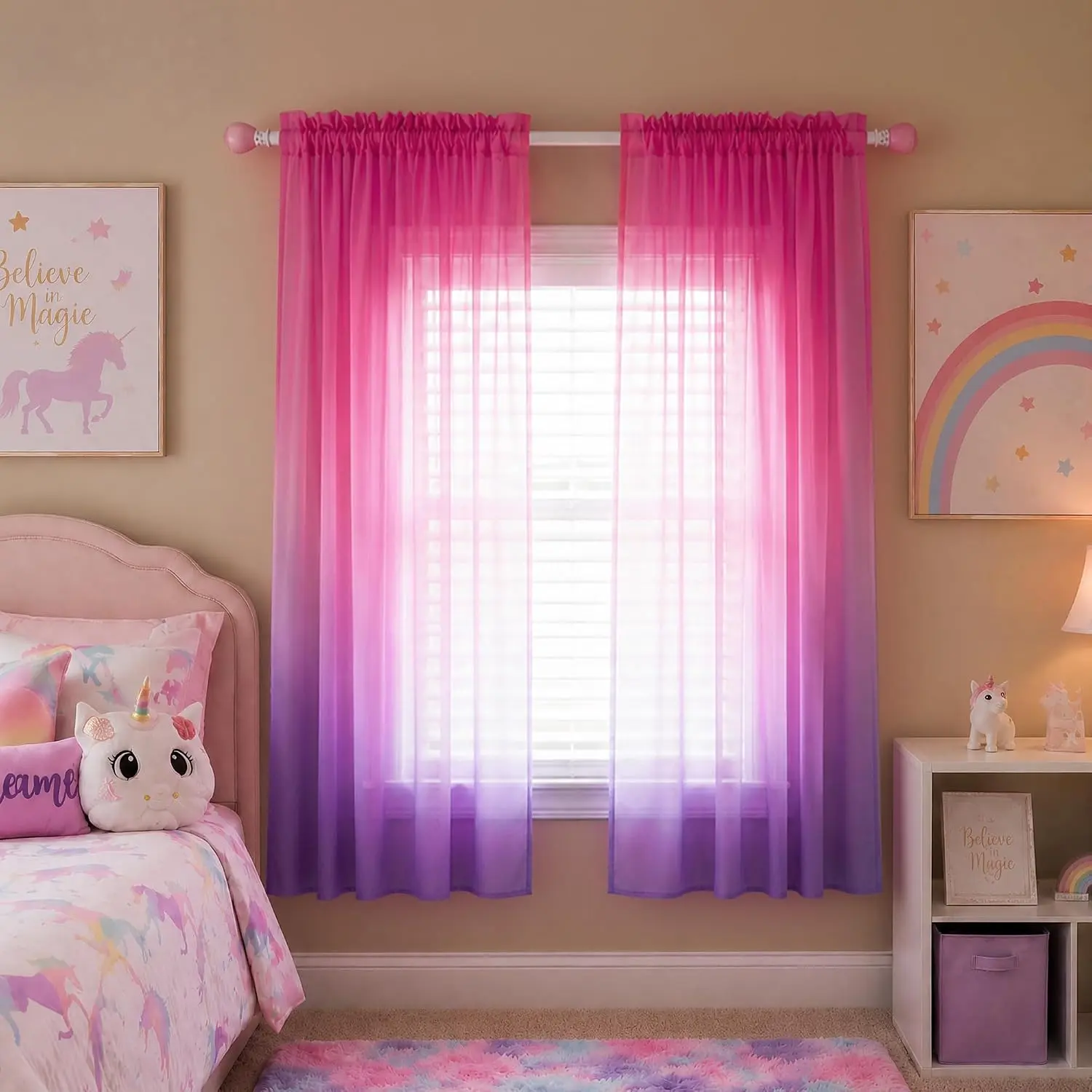 and  Curtains for Girls Room Decor, Girly Whimsical Pastel Sheer  Curtains, Y2K Aesthetic Ombre Princess Curtains for Girls Bedroom Playroom, 52" W x 63" L