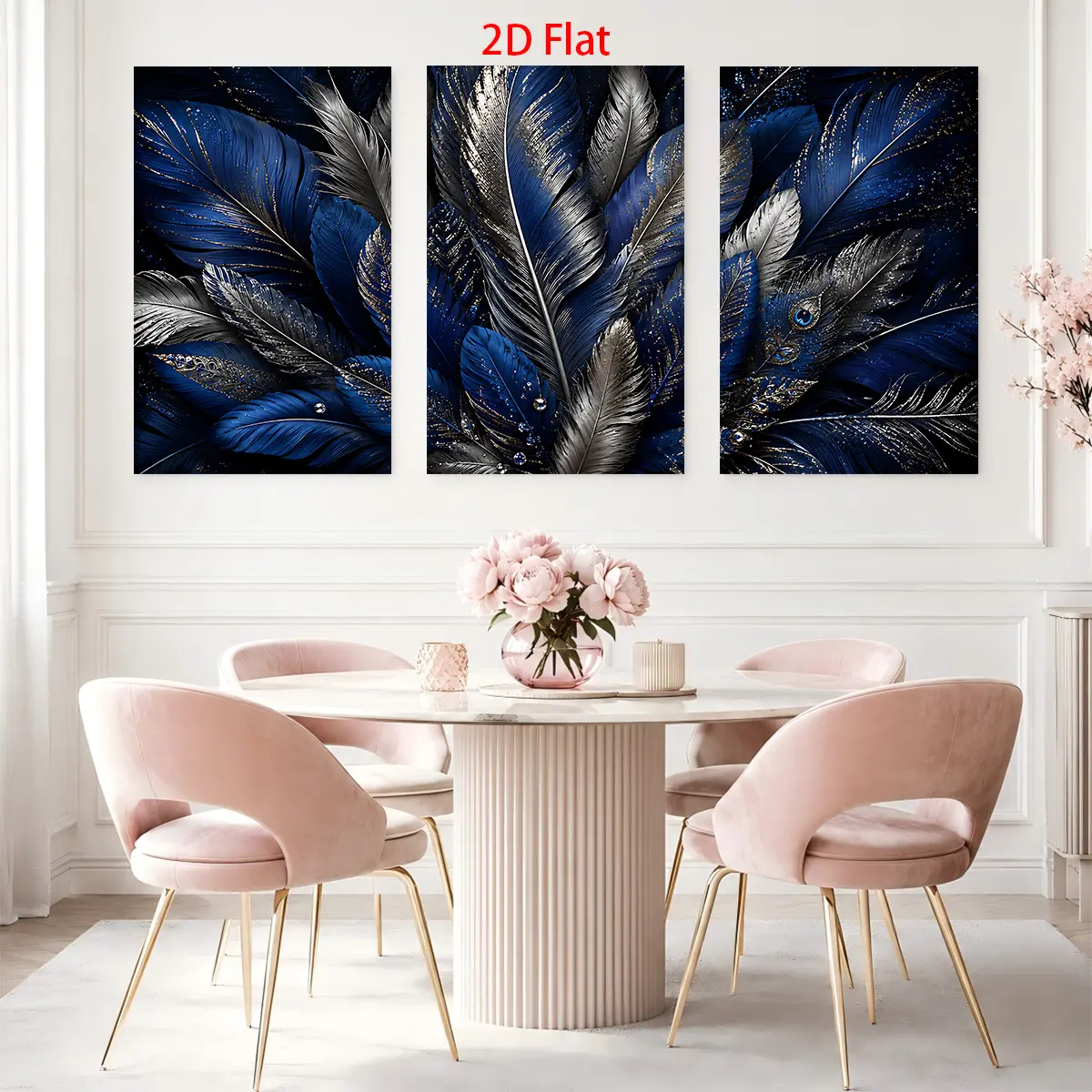 Three-piece two-dimensional decorative painting set - triptych canvas wall art featuring blue and silver feathers with gold accents, waterproof canvas print, ready to hang. Suitable as a home decor gift for Father's Day, graduation cerAesthetic Room Decor